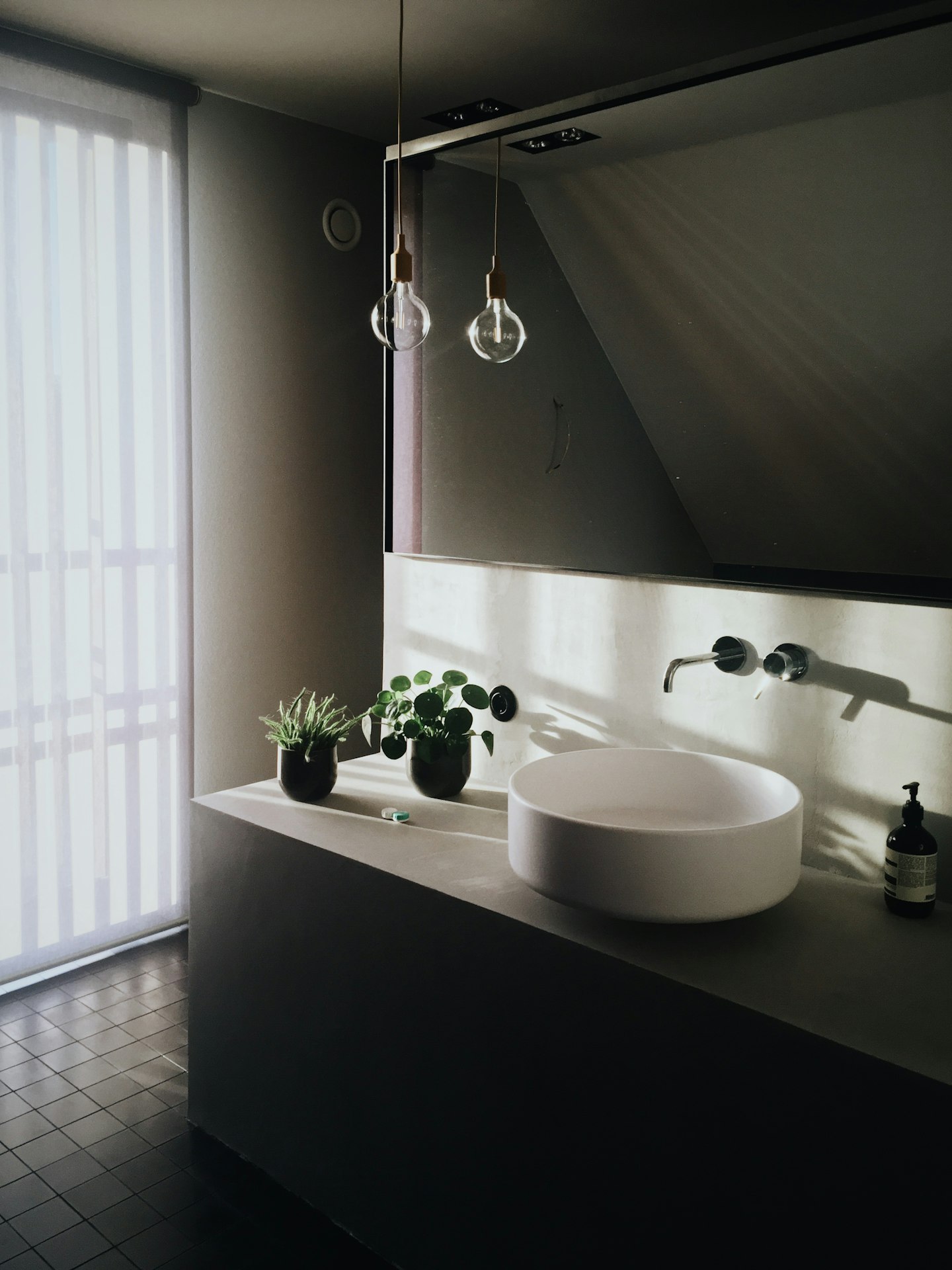 A dark bathroom with a stone basin and a plant